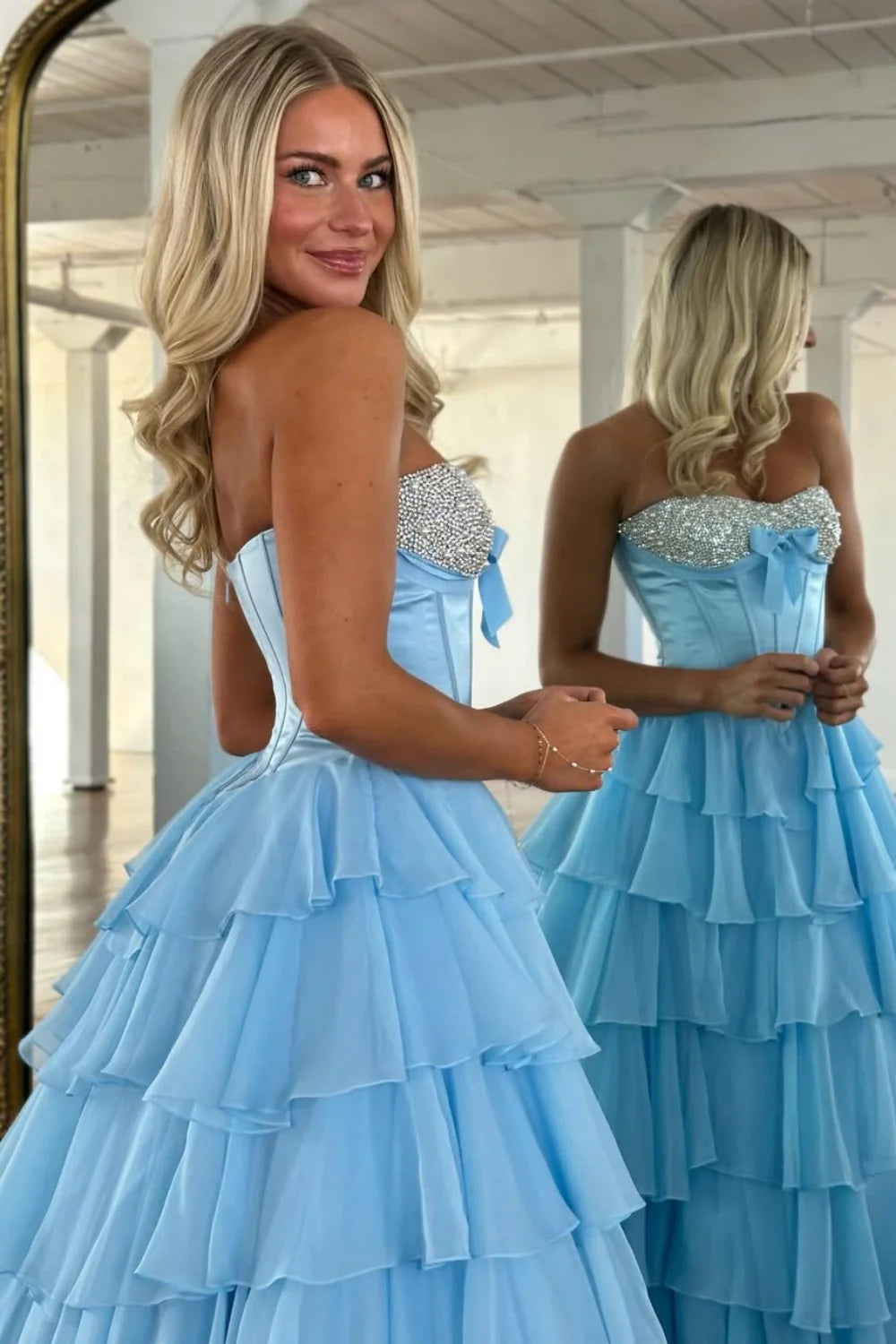 Elegant Yellow A-Line Tiered Ruffle Prom Dress With Sparkling Bodice AD529