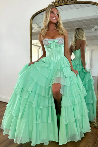 Elegant Yellow A-Line Tiered Ruffle Prom Dress With Sparkling Bodice AD529