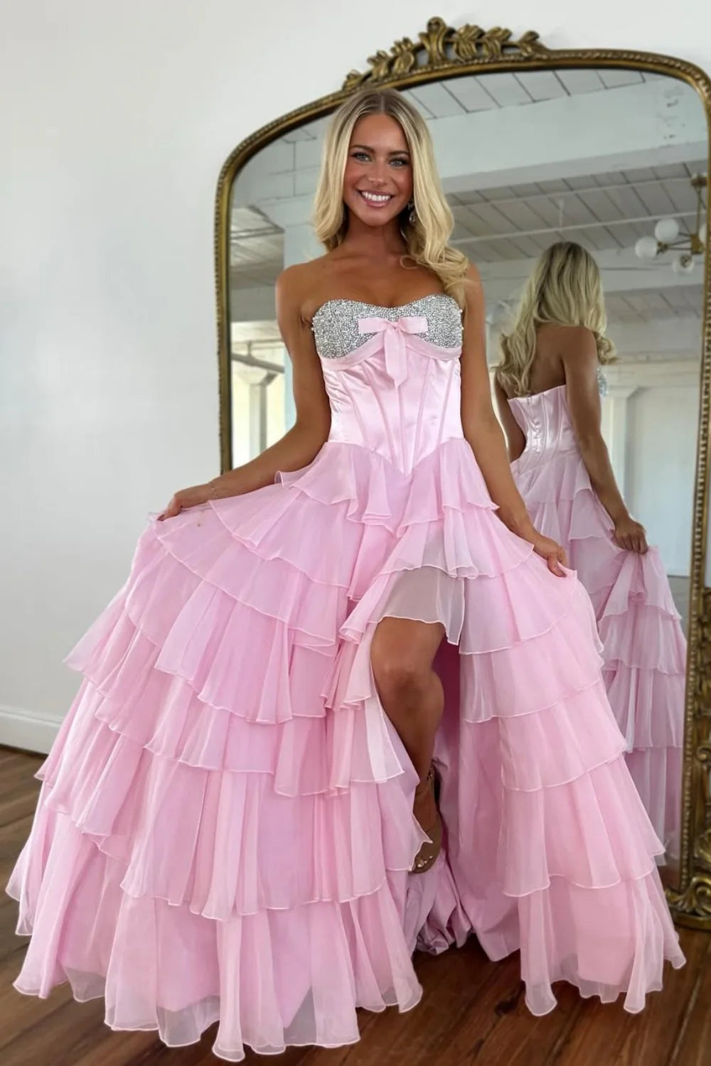 Elegant Yellow A-Line Tiered Ruffle Prom Dress With Sparkling Bodice AD529
