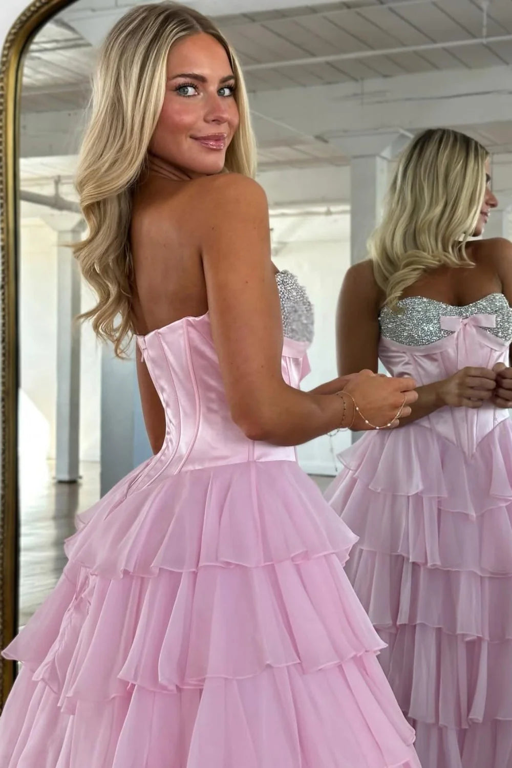 Elegant Yellow A-Line Tiered Ruffle Prom Dress With Sparkling Bodice AD529