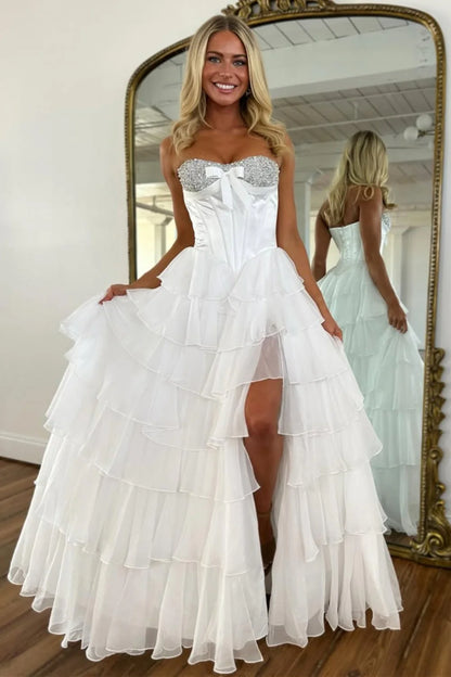 Elegant Yellow A-Line Tiered Ruffle Prom Dress With Sparkling Bodice AD529