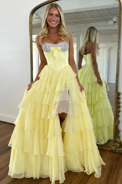 Elegant Yellow A-Line Tiered Ruffle Prom Dress With Sparkling Bodice AD529