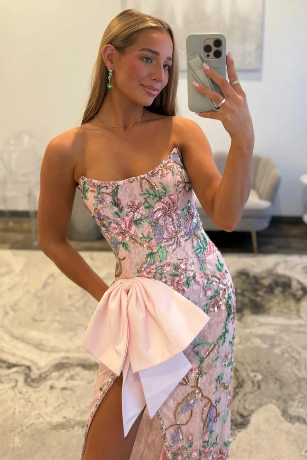 Pink Floral Embroidered Strapless Corset Prom Dress With Bow Detail And High Slit AD530