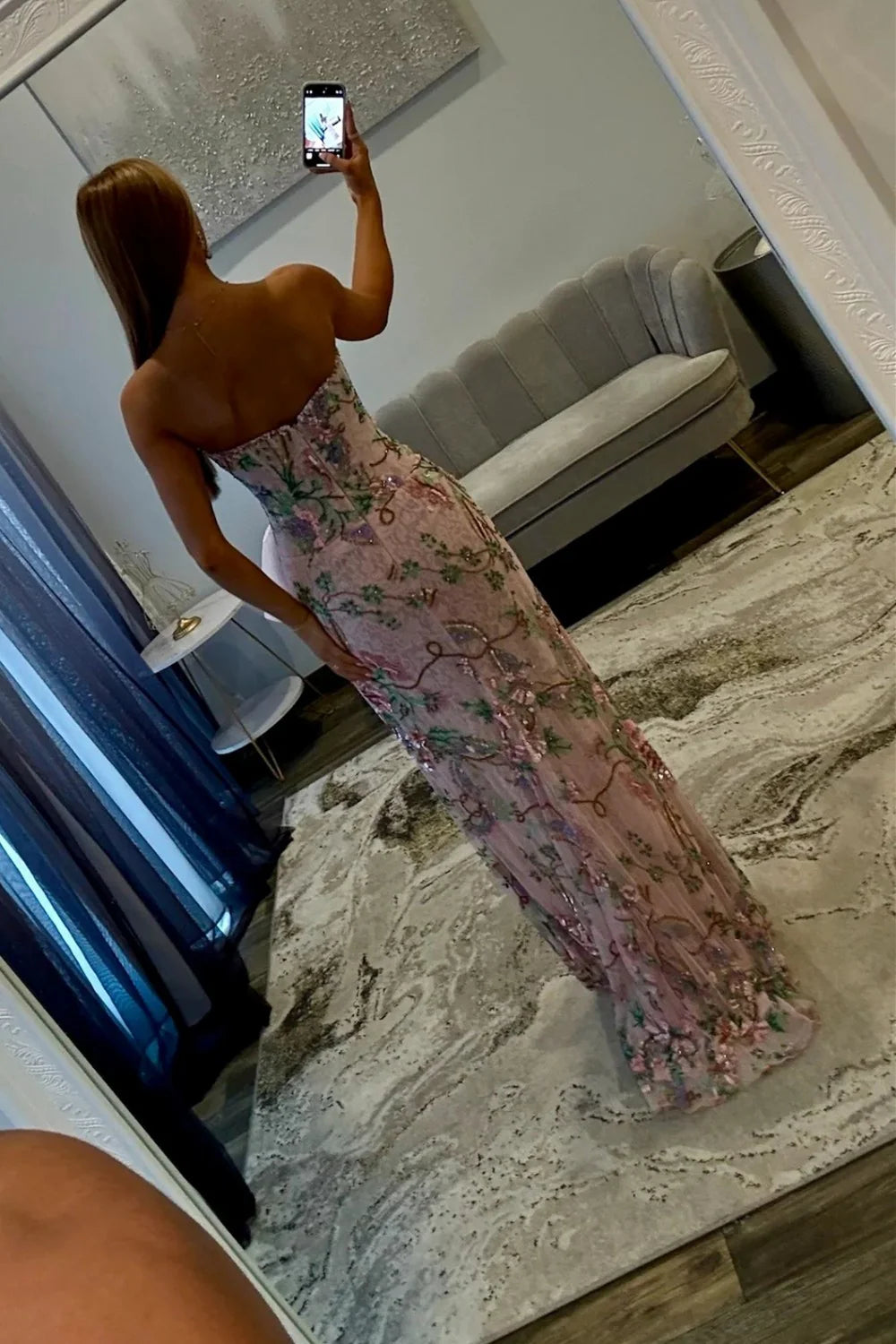 Pink Floral Embroidered Strapless Corset Prom Dress With Bow Detail And High Slit AD530