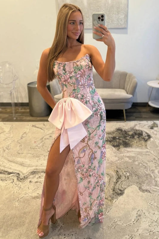 Pink Floral Embroidered Strapless Corset Prom Dress With Bow Detail And High Slit AD530