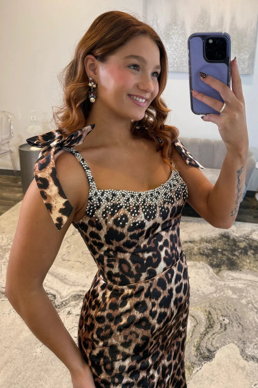 Sexy Leopard Print Beaded Long Prom Dress With Spaghetti Straps And Front Slit AD531