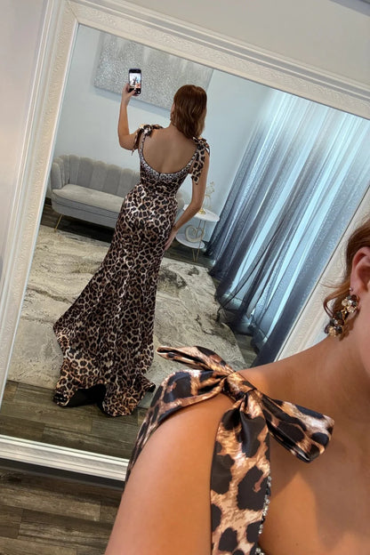 Sexy Leopard Print Beaded Long Prom Dress With Spaghetti Straps And Front Slit AD531