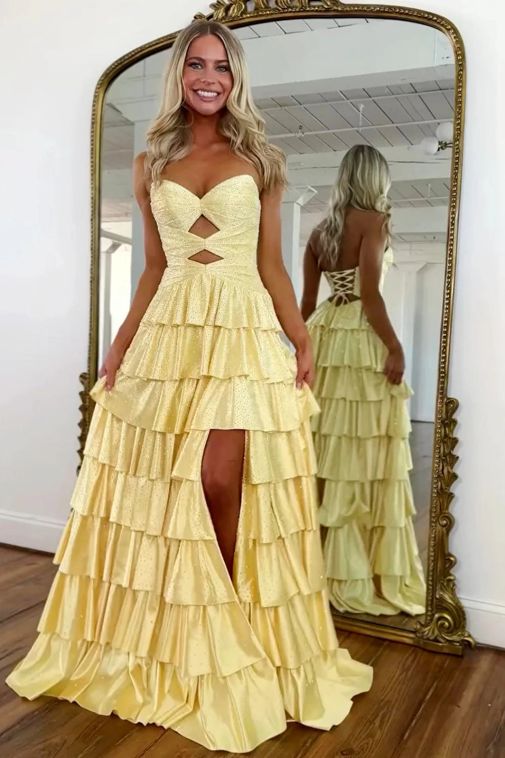 Gorgeous A-Line Sweetheart Lace Up Beaded Prom Dress With Keyhole Bodice And Ruffle Skirt AD532