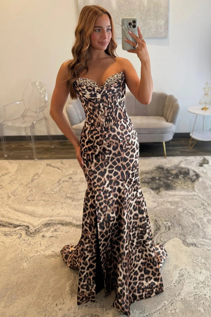 Leopard Print Strapless Mermaid Corset Prom Dress With Beaded Bodice AD533