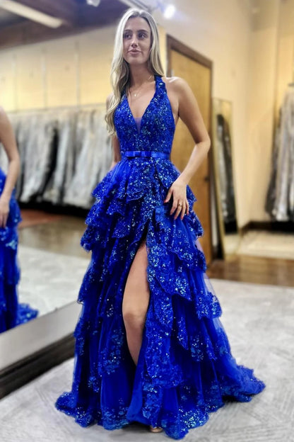 Luxurious Royal Blue Halter Neck Backless Ruffled Sequin Prom Dress With Slit AD534