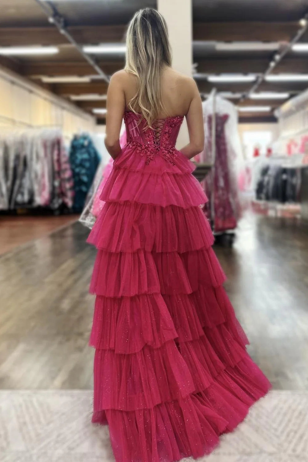 Lovely A-Line Strapless Lace Top Corset Prom Dress With Layered Tulle Skirt AD535
