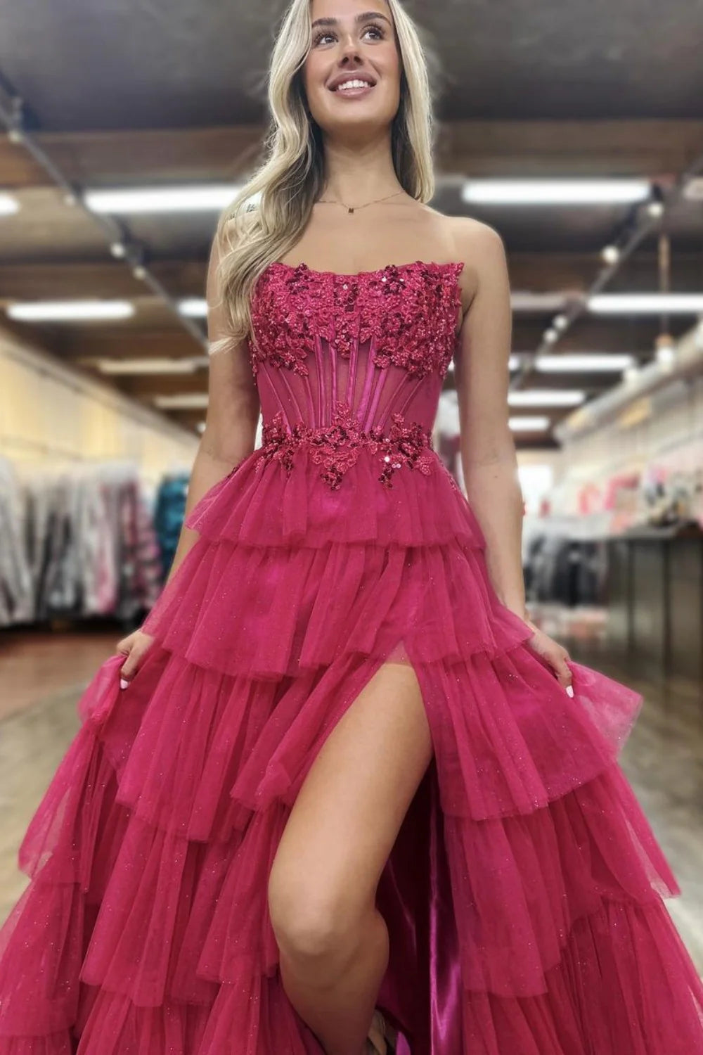 Lovely A-Line Strapless Lace Top Corset Prom Dress With Layered Tulle Skirt AD535