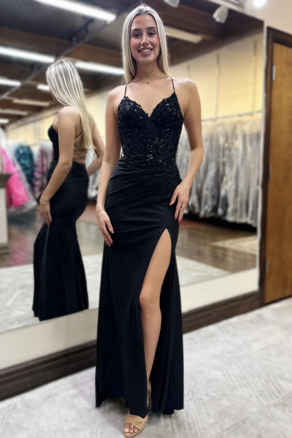 Glitter Royal Blue Spaghetti Straps Lace Up Prom Dress With Lace Top AD536