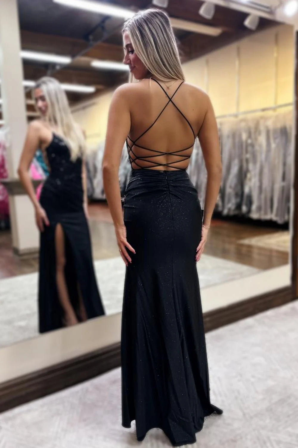 Glitter Royal Blue Spaghetti Straps Lace Up Prom Dress With Lace Top AD536