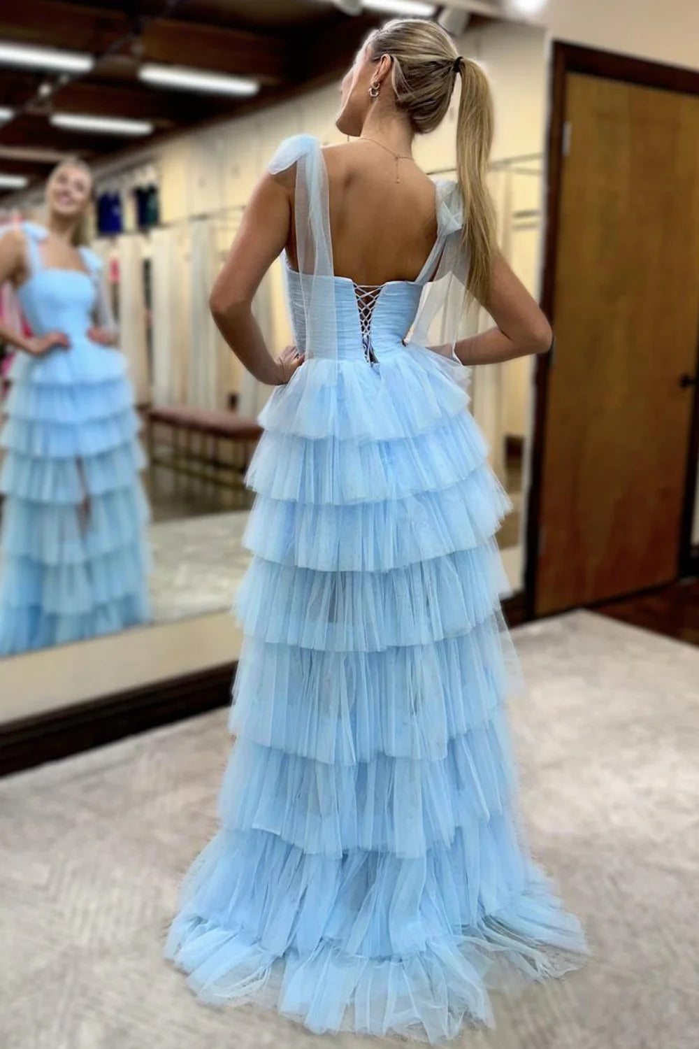 Romantic Light Blue Ruffled Tulle Lace Up Prom Dress With Soft Layers AD537