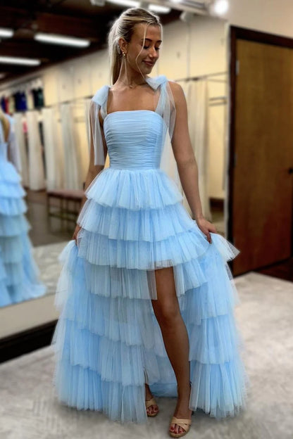 Romantic Light Blue Ruffled Tulle Lace Up Prom Dress With Soft Layers AD537