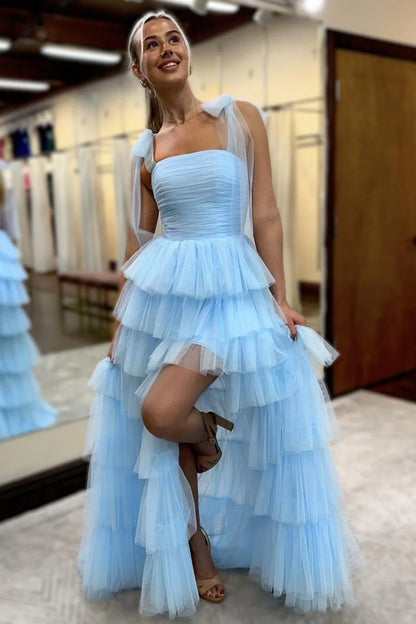 Romantic Light Blue Ruffled Tulle Lace Up Prom Dress With Soft Layers AD537