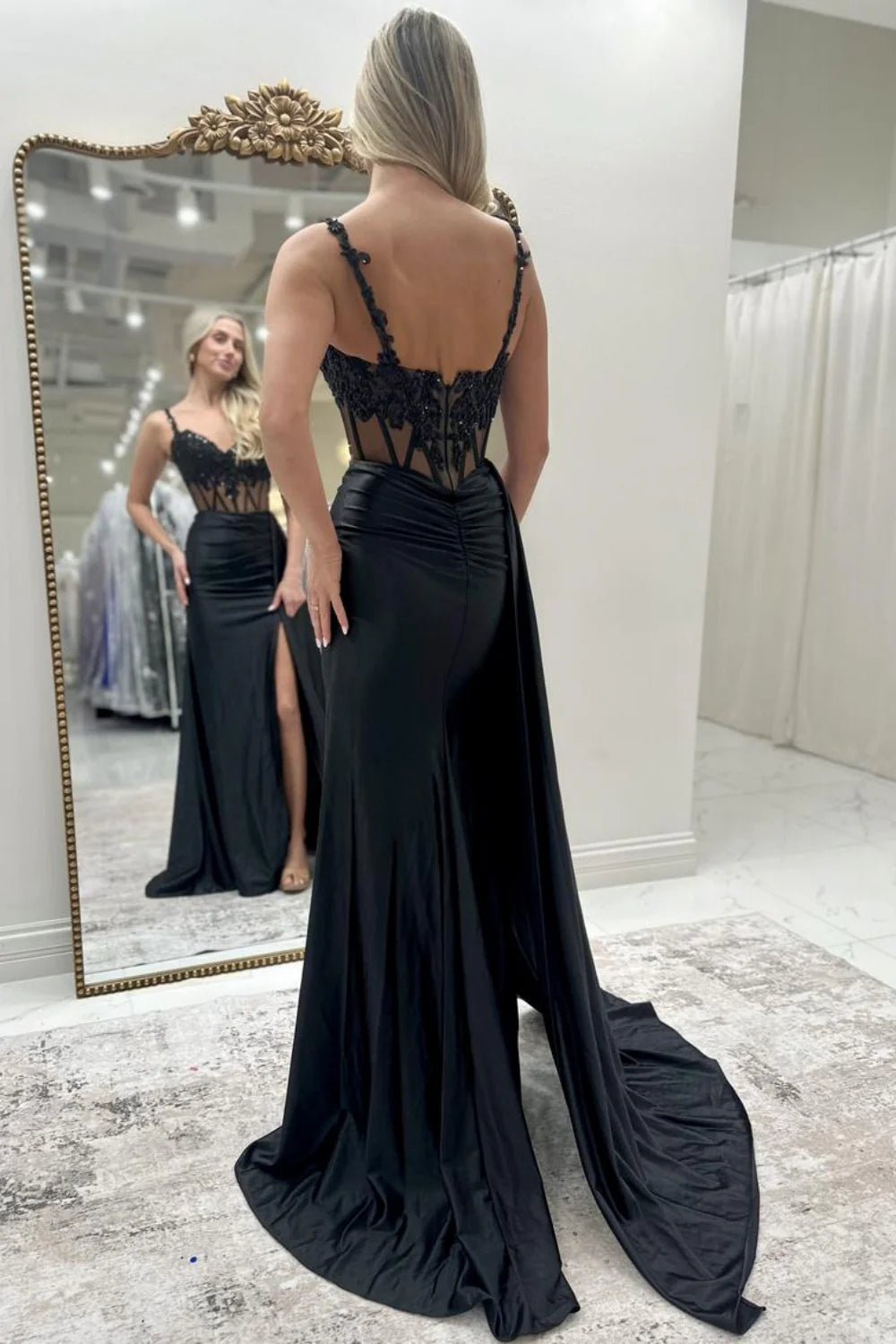 Royal Blue Spaghetti Straps Prom Dress With Lace Top And Slit AD538