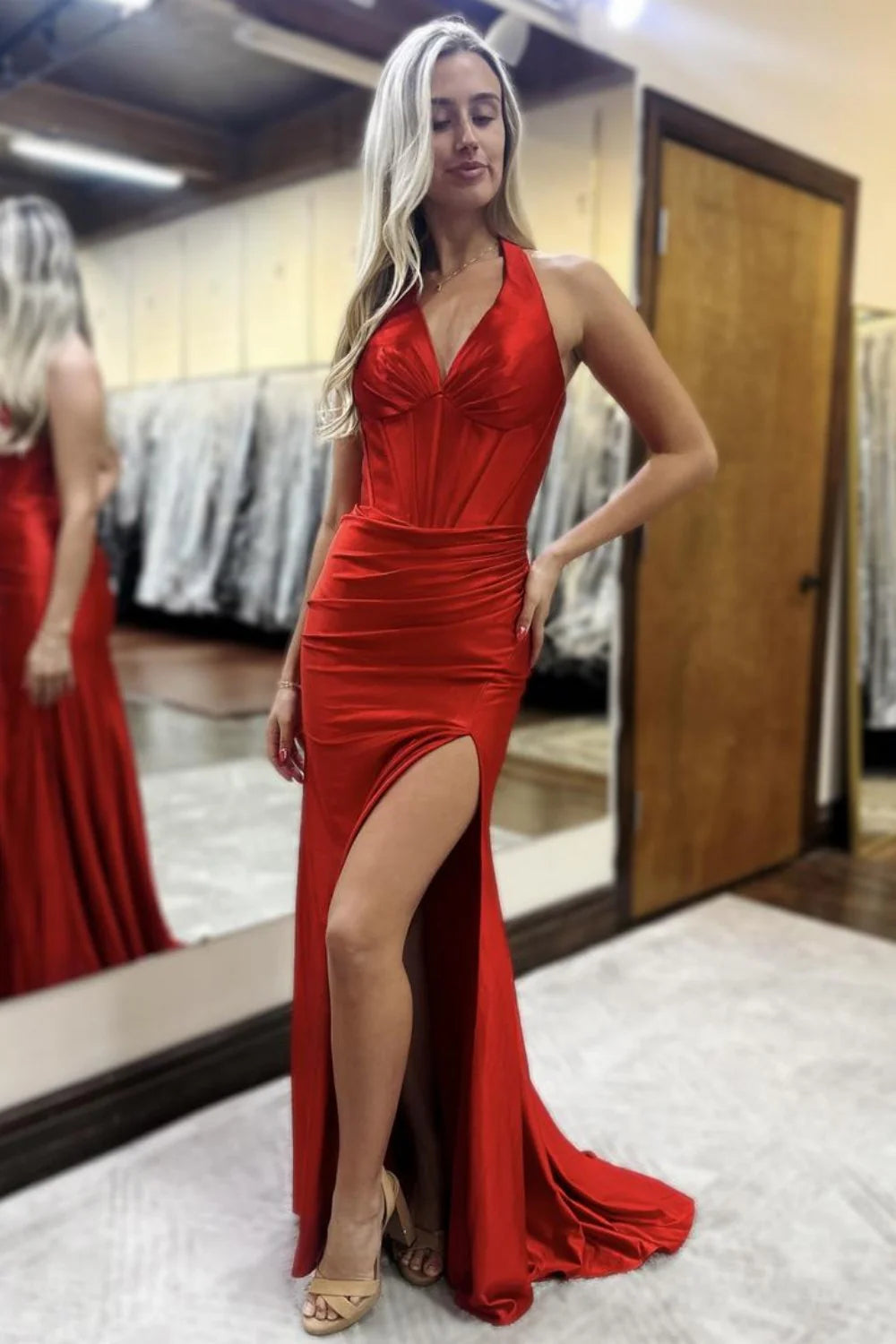 Lilac Halter Corset Satin Long Mermaid Prom Dress With Slit AD539