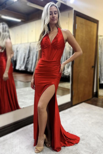 Lilac Halter Corset Satin Long Mermaid Prom Dress With Slit AD539