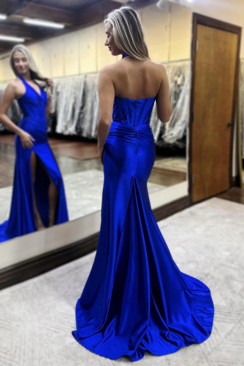 Lilac Halter Corset Satin Long Mermaid Prom Dress With Slit AD539