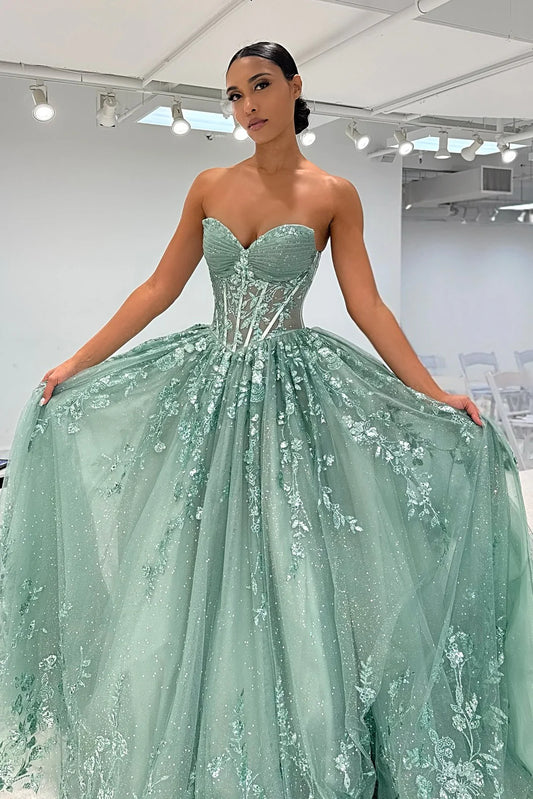 Classic A Line Sweetheart Mint Green Long Prom Dress With Appliques AD540
