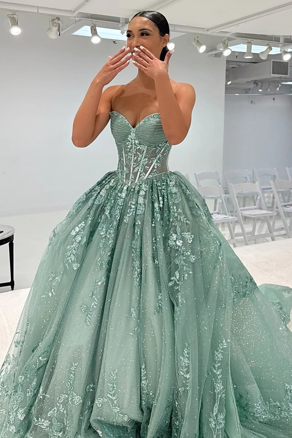 Classic A Line Sweetheart Mint Green Long Prom Dress With Appliques AD540