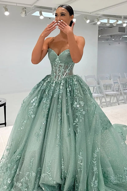 Classic A Line Sweetheart Mint Green Long Prom Dress With Appliques AD540