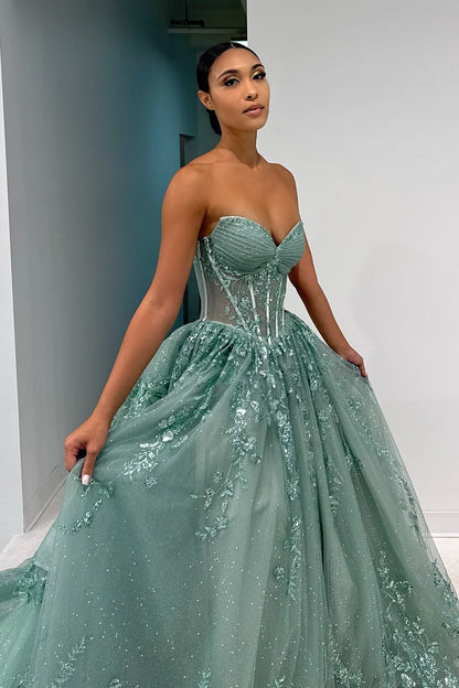 Classic A Line Sweetheart Mint Green Long Prom Dress With Appliques AD540