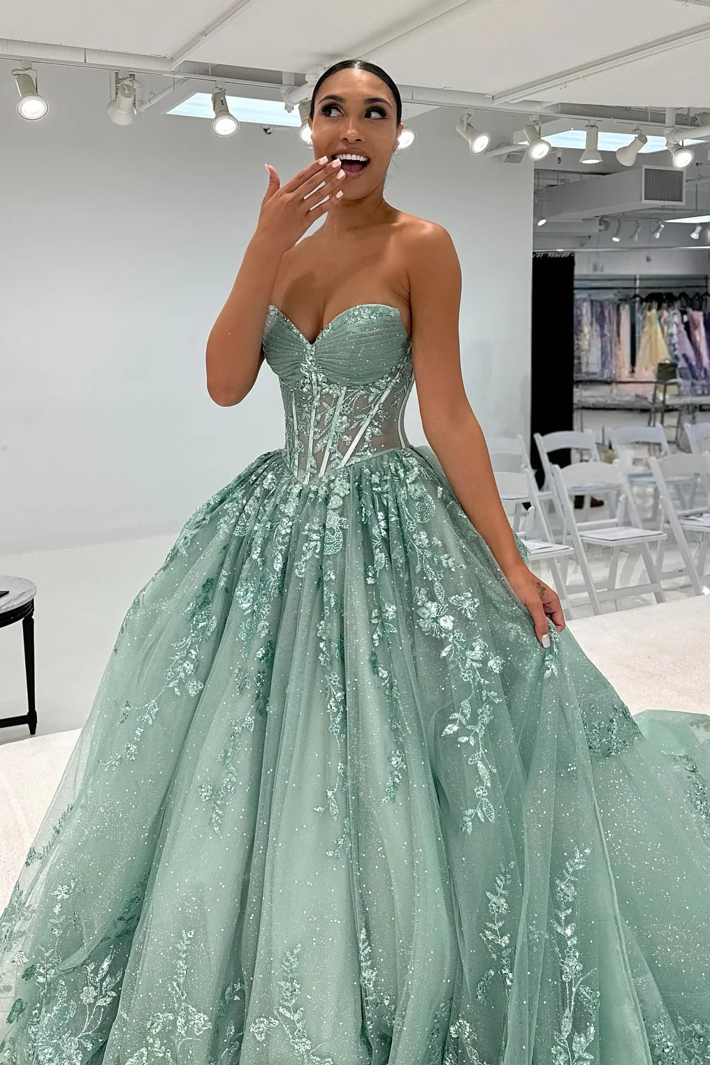 Classic A Line Sweetheart Mint Green Long Prom Dress With Appliques AD540