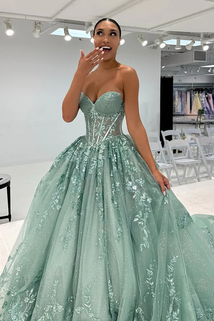 Classic A Line Sweetheart Mint Green Long Prom Dress With Appliques AD540