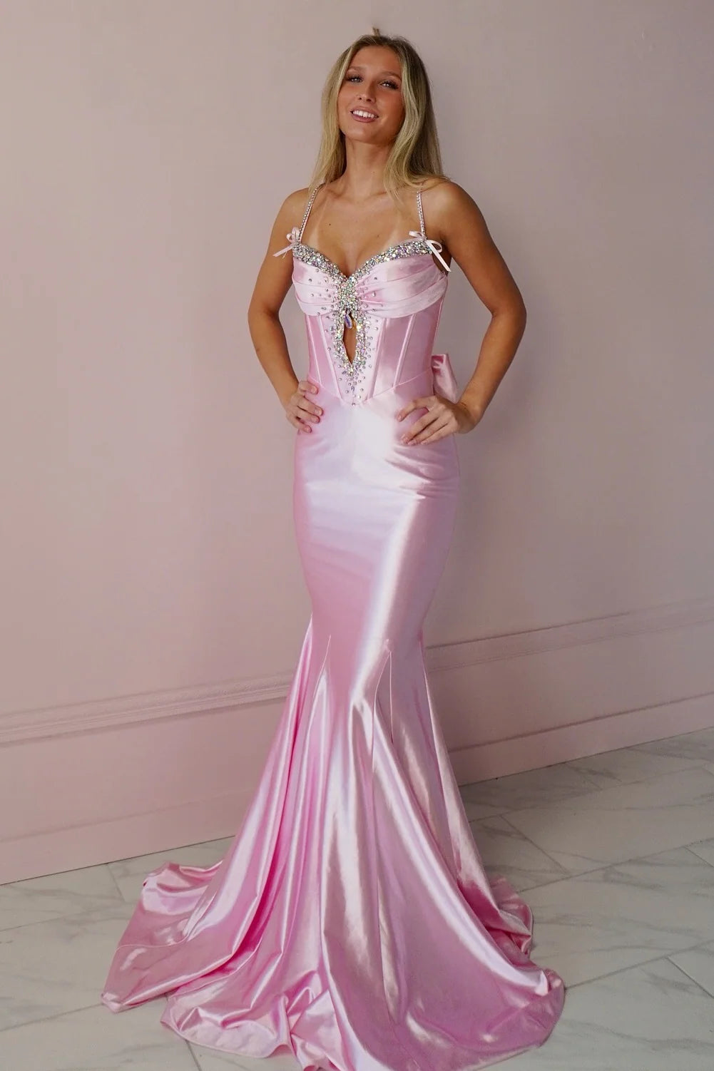 Stunning Mermaid Spaghetti Straps Pink Corset Prom Dress With Keyhole Beading AD541