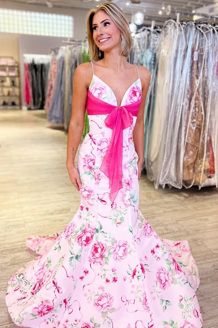 Pretty Mermaid Spaghetti Straps Pink Printed Long Prom Dress With Bowknot AD544