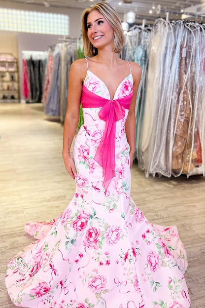 Pretty Mermaid Spaghetti Straps Pink Printed Long Prom Dress With Bowknot AD544