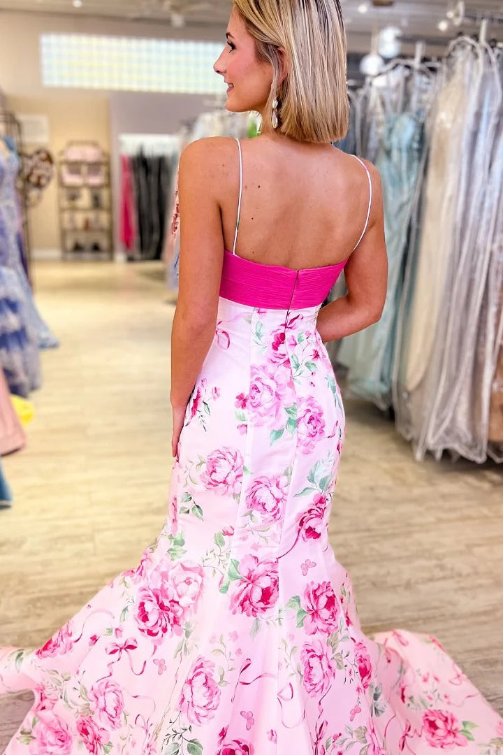 Pretty Mermaid Spaghetti Straps Pink Printed Long Prom Dress With Bowknot AD544