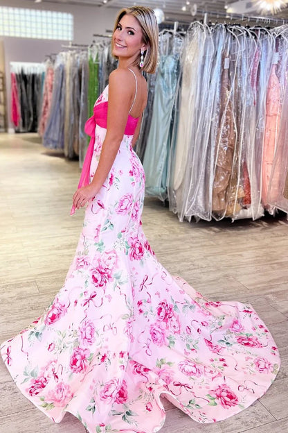 Pretty Mermaid Spaghetti Straps Pink Printed Long Prom Dress With Bowknot AD544