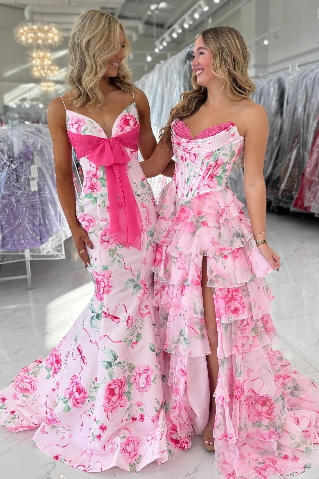Pretty Mermaid Spaghetti Straps Pink Printed Long Prom Dress With Bowknot AD544