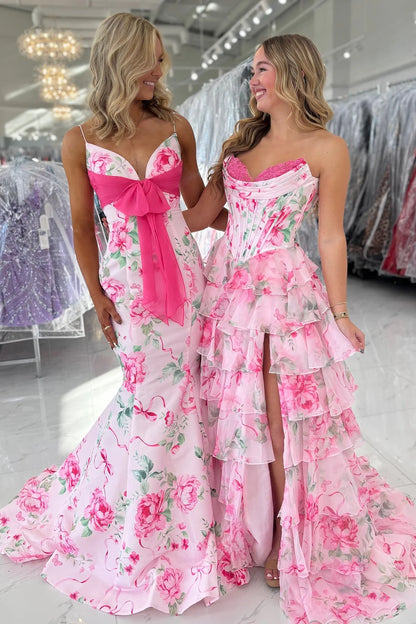 Pretty Mermaid Spaghetti Straps Pink Printed Long Prom Dress With Bowknot AD544