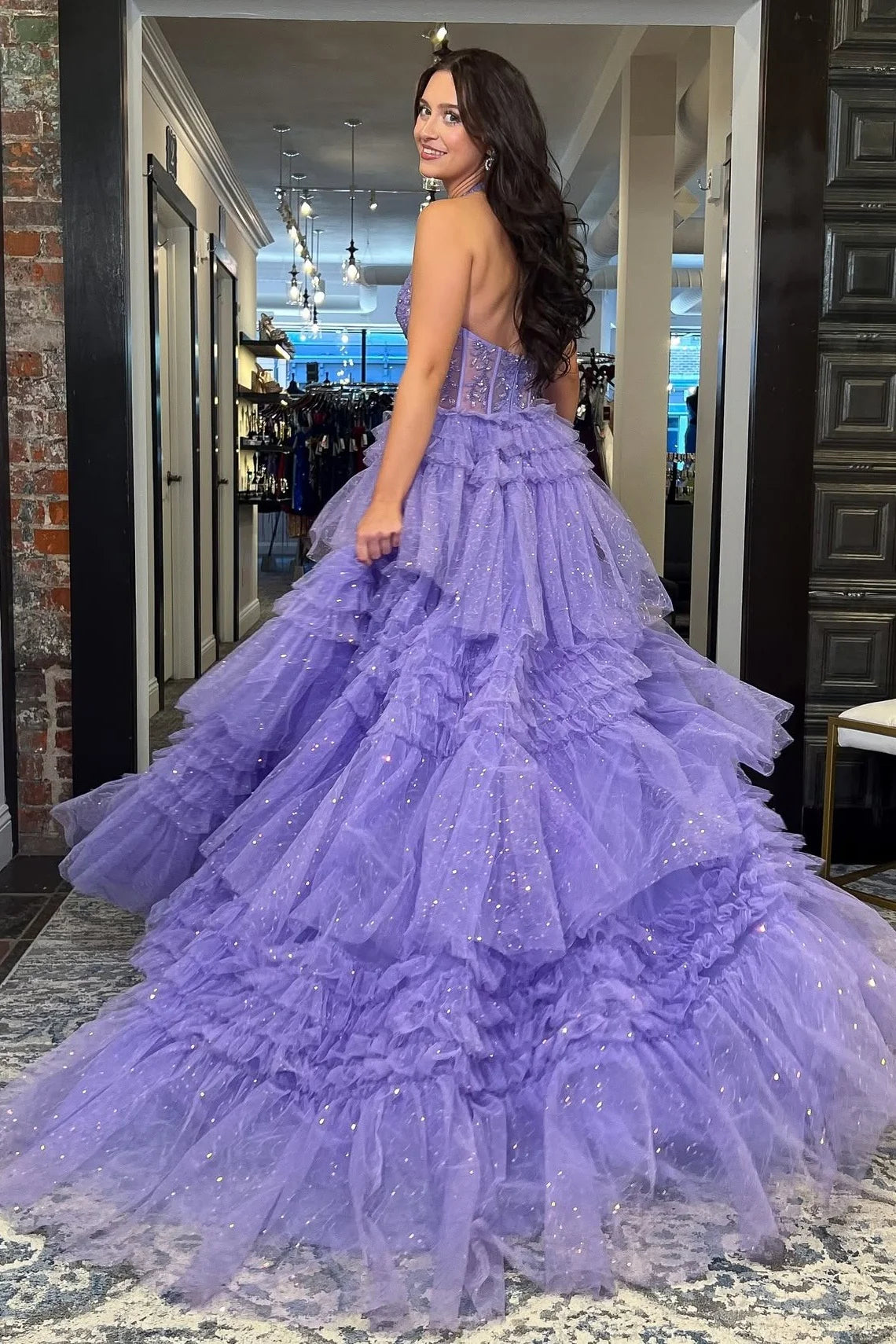 Gorgeous A Line Halter Neck Lilac Tulle Long Prom Dress With Ruffles AD545