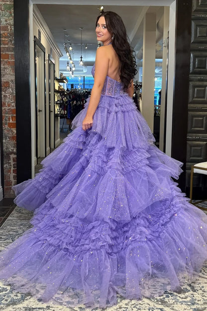 Gorgeous A Line Halter Neck Lilac Tulle Long Prom Dress With Ruffles AD545