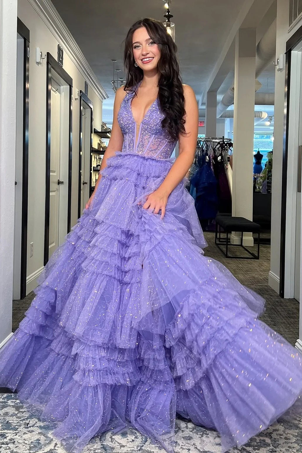 Gorgeous A Line Halter Neck Lilac Tulle Long Prom Dress With Ruffles AD545