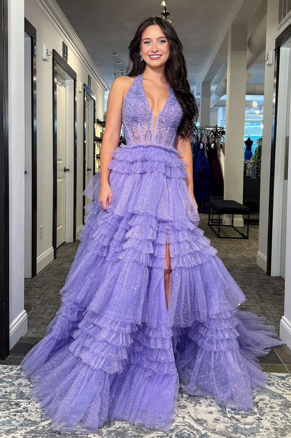 Gorgeous A Line Halter Neck Lilac Tulle Long Prom Dress With Ruffles AD545