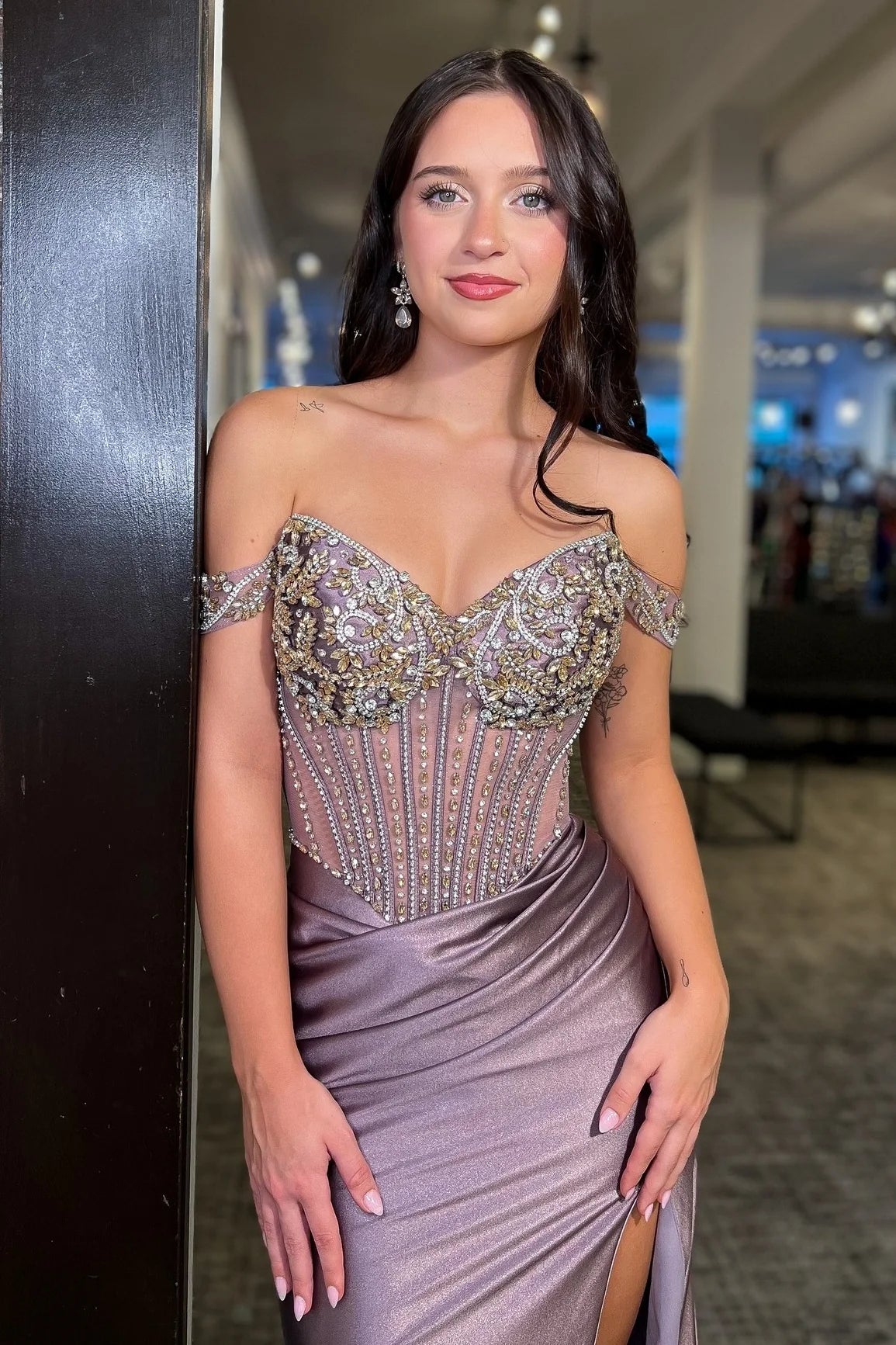 Luxurious Mermaid Off The Shoulder Grey Purple Corset Prom Dress With Beading AD546