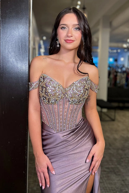 Luxurious Mermaid Off The Shoulder Grey Purple Corset Prom Dress With Beading AD546