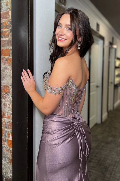 Luxurious Mermaid Off The Shoulder Grey Purple Corset Prom Dress With Beading AD546