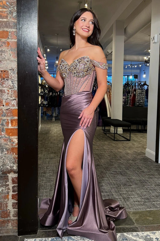 Luxurious Mermaid Off The Shoulder Grey Purple Corset Prom Dress With Beading AD546