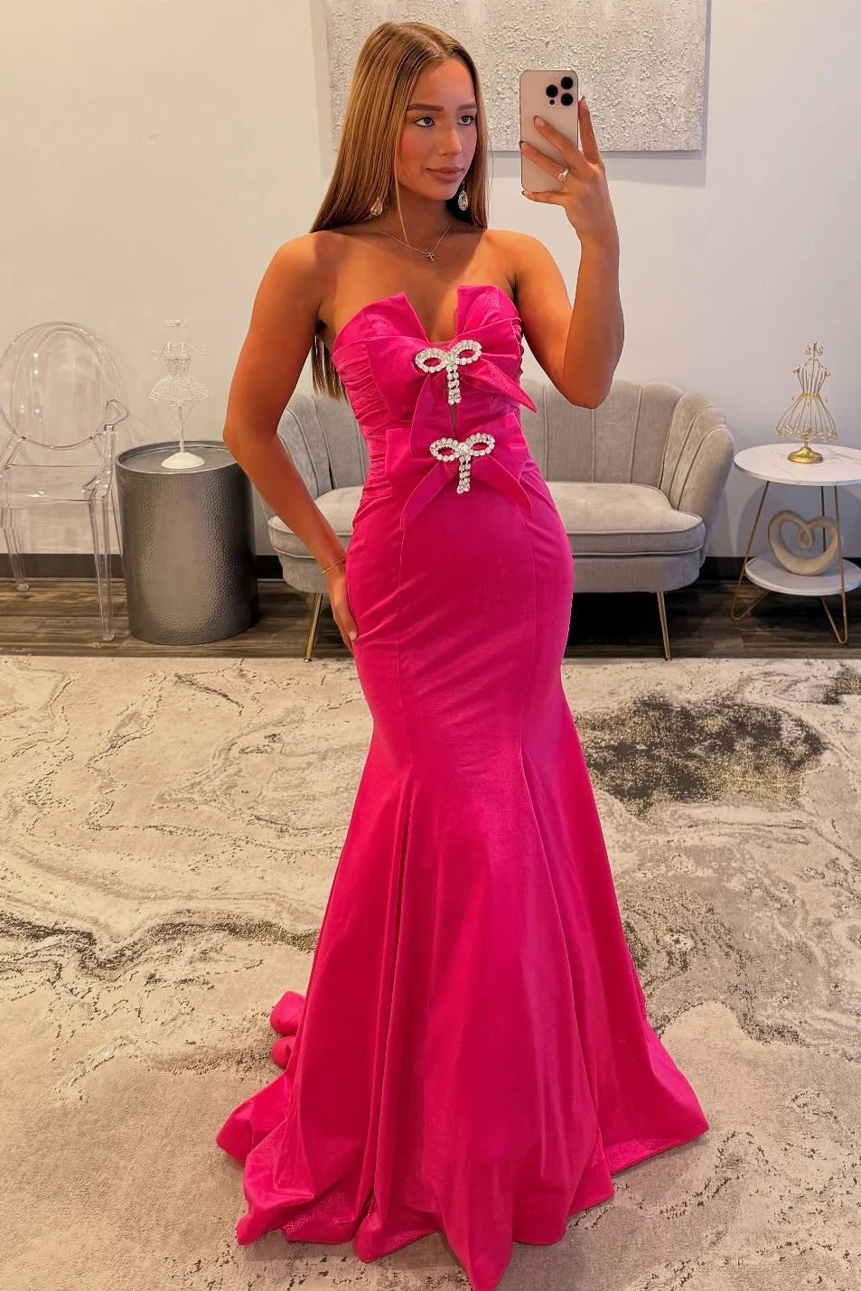 Stylish Mermaid Sweetheart Hot Pink Long Prom Dress With Bowknot Beading AD548