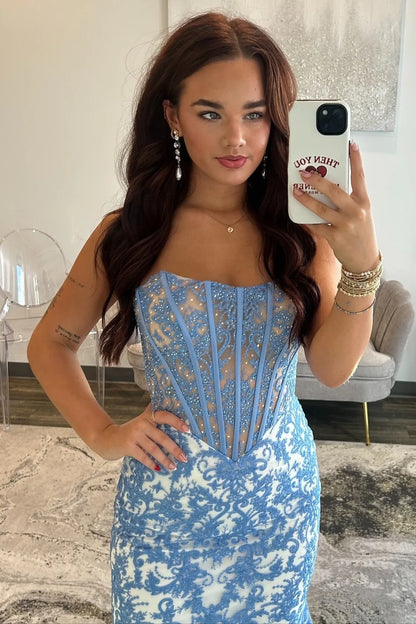 Fashionable Mermaid Strapless Blue Corset Prom Dress With Appliques Beading AD549