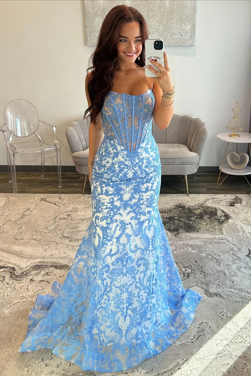 Fashionable Mermaid Strapless Blue Corset Prom Dress With Appliques Beading AD549