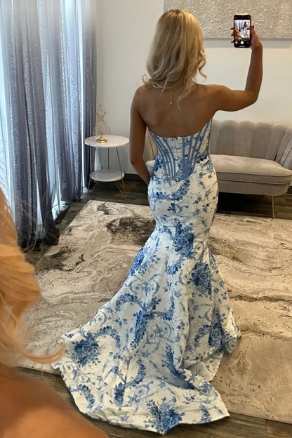 Charming Mermaid Sweetheart Blue Corset Prom Dress With Appliques AD550